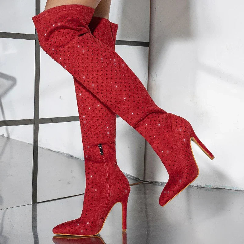 Street Style Pointed Toe Stiletto Side Zipper Crystal Heels Knee High Boots