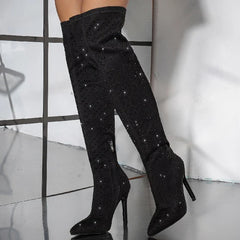 Street Style Pointed Toe Stiletto Side Zipper Crystal Heels Knee High Boots
