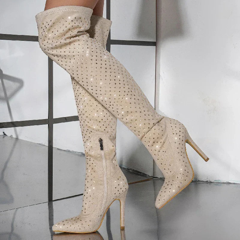 Street Style Pointed Toe Stiletto Side Zipper Crystal Heels Knee High Boots