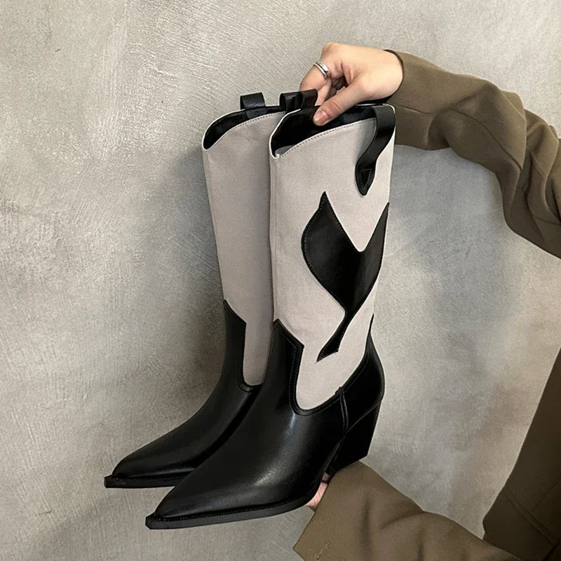 Street Style Pointed Toe Square Heels Mid-Calf Western Chelsea Knee High Boots