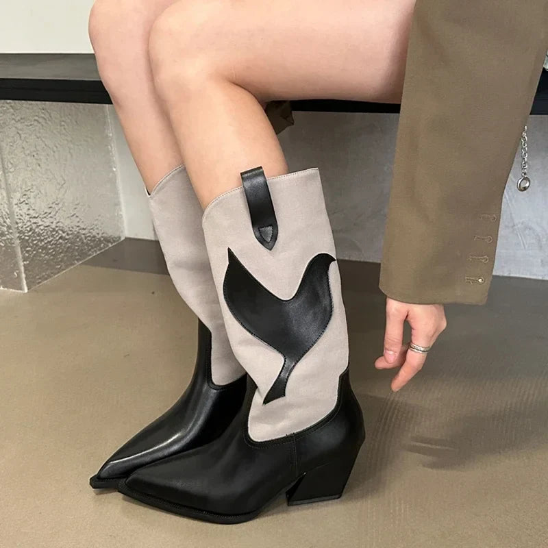 Street Style Pointed Toe Square Heels Mid-Calf Western Chelsea Knee High Boots