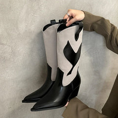Street Style Pointed Toe Square Heels Mid-Calf Western Chelsea Knee High Boots