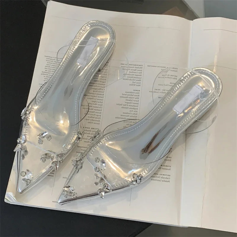 Street Style Mule PVC Transparent Elegant Pointed Toe Party Prom Shoes Low Heel Pumps