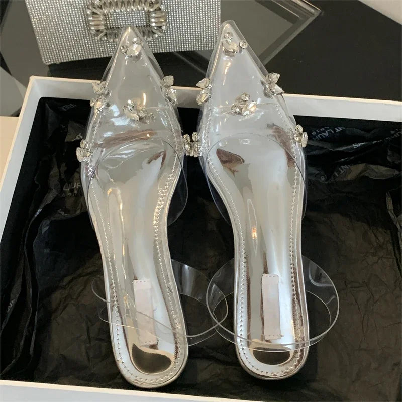 Street Style Mule PVC Transparent Elegant Pointed Toe Party Prom Shoes Low Heel Pumps