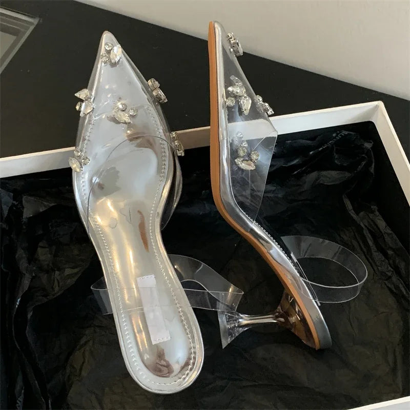 Street Style Mule PVC Transparent Elegant Pointed Toe Party Prom Shoes Low Heel Pumps