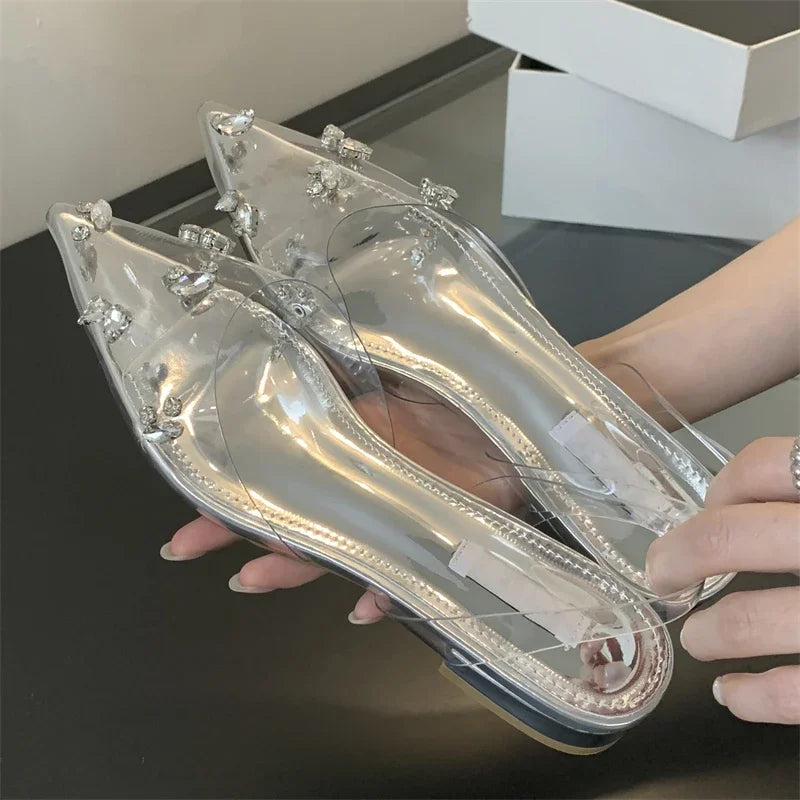Street Style Mule PVC Transparent Elegant Pointed Toe Party Prom Shoes Low Heel Pumps