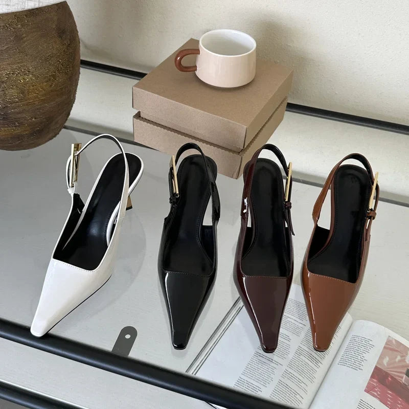 Street Style Pointed Toe Metal Buckle Strap Stripper Slingback High Shoes Low Heel Pumps