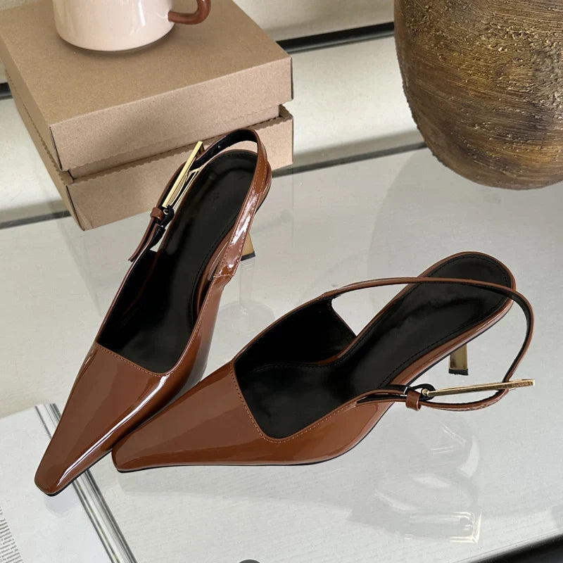 Street Style Pointed Toe Metal Buckle Strap Stripper Slingback High Shoes Low Heel Pumps