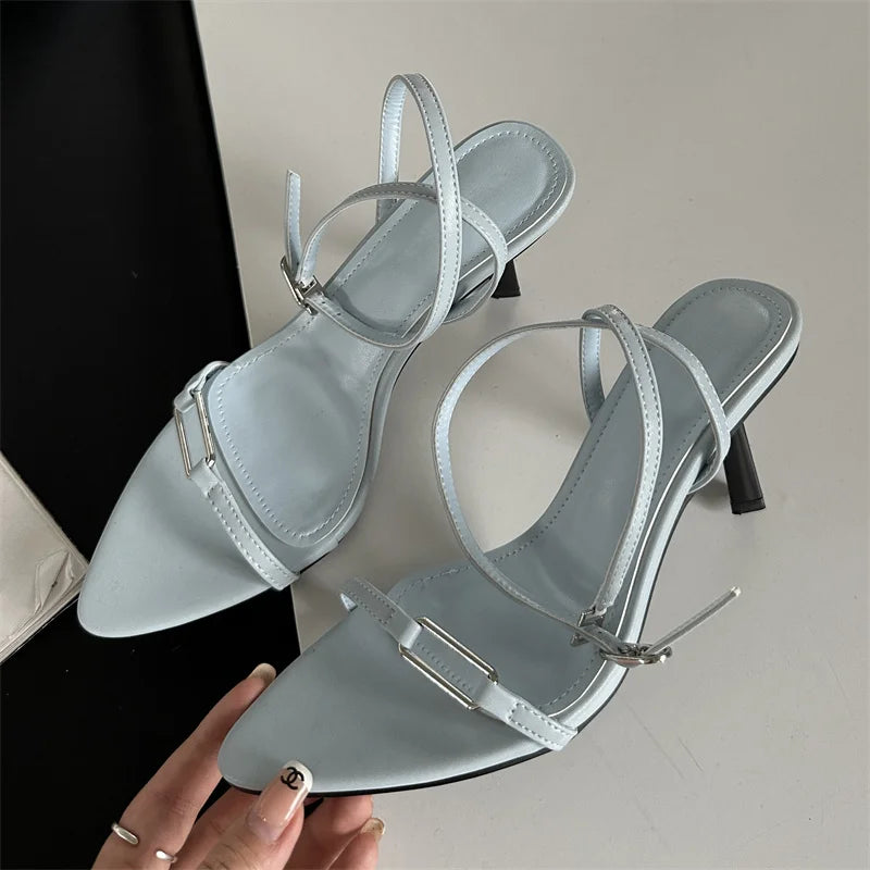 Ankle Buckle Strap Pointed Toe Thin Highs Casual Shoes Low Heel Pumps