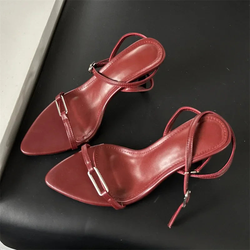 Ankle Buckle Strap Pointed Toe Thin Highs Casual Shoes Low Heel Pumps