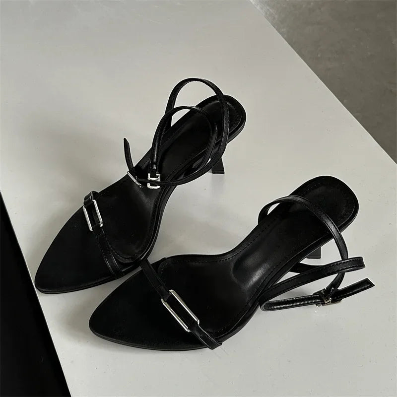 Ankle Buckle Strap Pointed Toe Thin Highs Casual Shoes Low Heel Pumps