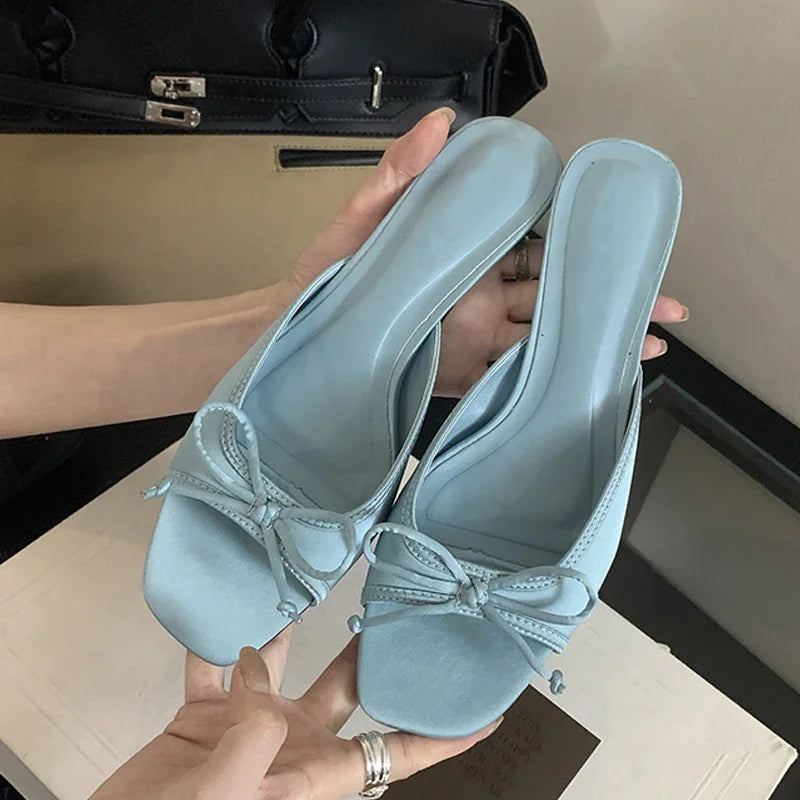 Design Square Toe Slippers Butterfly-knot Shoes Low Heel Pumps