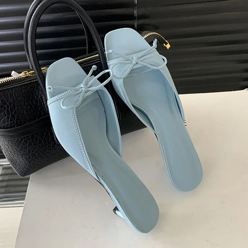 Design Square Toe Slippers Butterfly-knot Shoes Low Heel Pumps