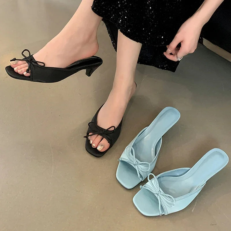 Design Square Toe Slippers Butterfly-knot Shoes Low Heel Pumps