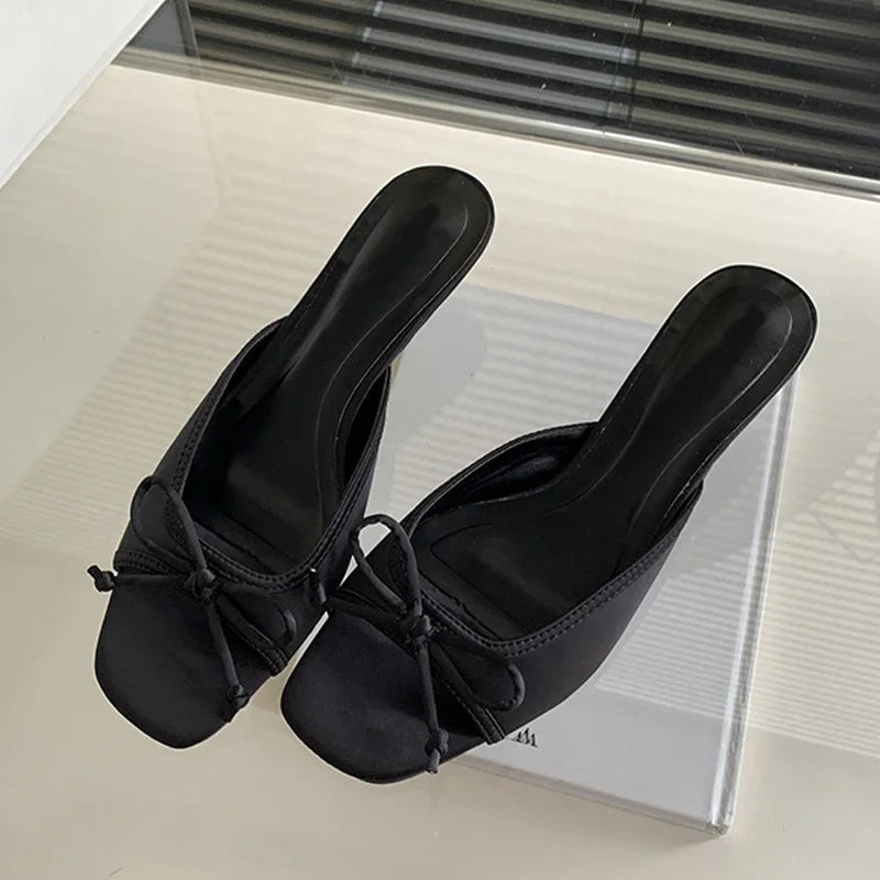 Design Square Toe Slippers Butterfly-knot Shoes Low Heel Pumps
