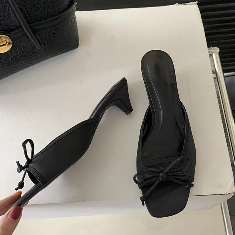 Design Square Toe Slippers Butterfly-knot Shoes Low Heel Pumps