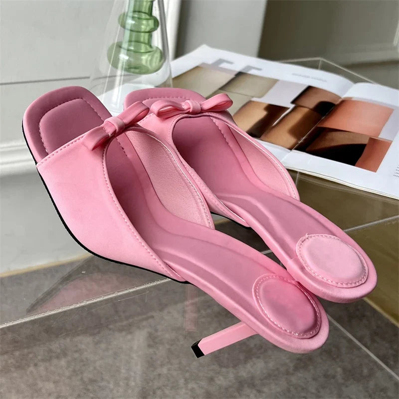 Butterfly-knot Satin Slipper Slip On Sandal Thin High Outdoor Slides Shoes Low Heel Pumps