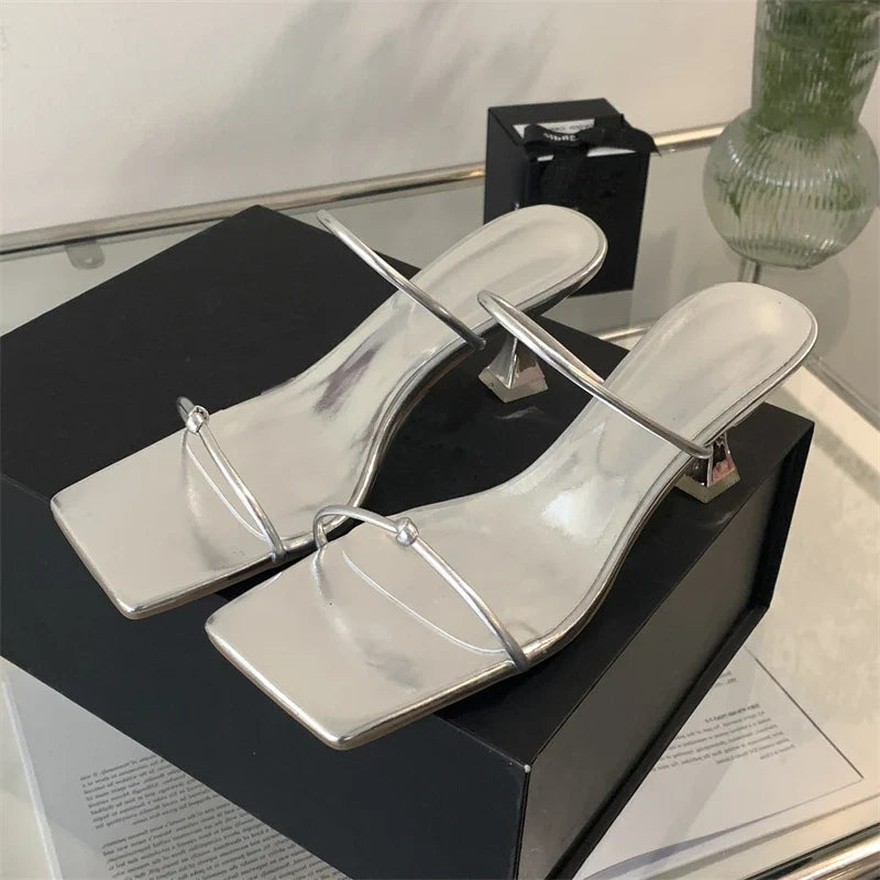 Narrow Band Slipper Square Toe Slip On Elegant Gladiator Sandal Shoes
