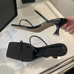 Narrow Band Slipper Square Toe Slip On Elegant Gladiator Sandal Shoes