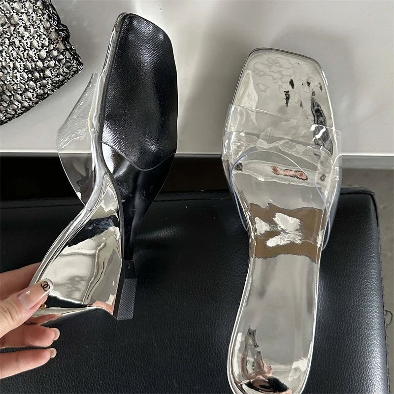 PVC Transparent Candy Slippers Open Toe Wedge Mule Slides Shoes Low Heel Pumps