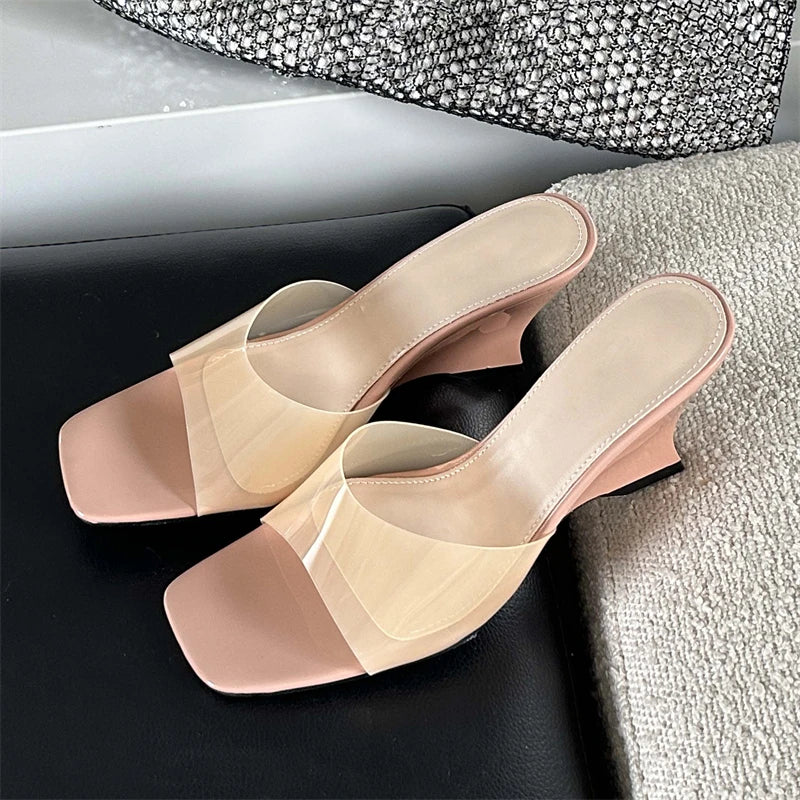 PVC Transparent Candy Slippers Open Toe Wedge Mule Slides Shoes Low Heel Pumps