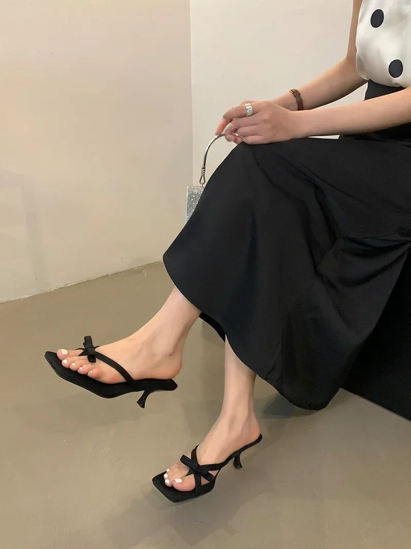 Satin Butterfly-knot Clip Toe Slipper Thin Party Dress Slides Shoes Low Heel Pumps