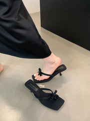 Satin Butterfly-knot Clip Toe Slipper Thin Party Dress Slides Shoes Low Heel Pumps