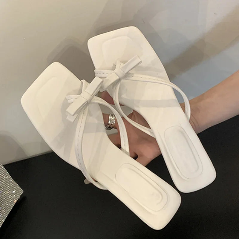 Satin Butterfly-knot Clip Toe Slipper Thin Party Dress Slides Shoes Low Heel Pumps