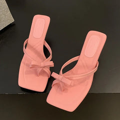 Satin Butterfly-knot Clip Toe Slipper Thin Party Dress Slides Shoes Low Heel Pumps