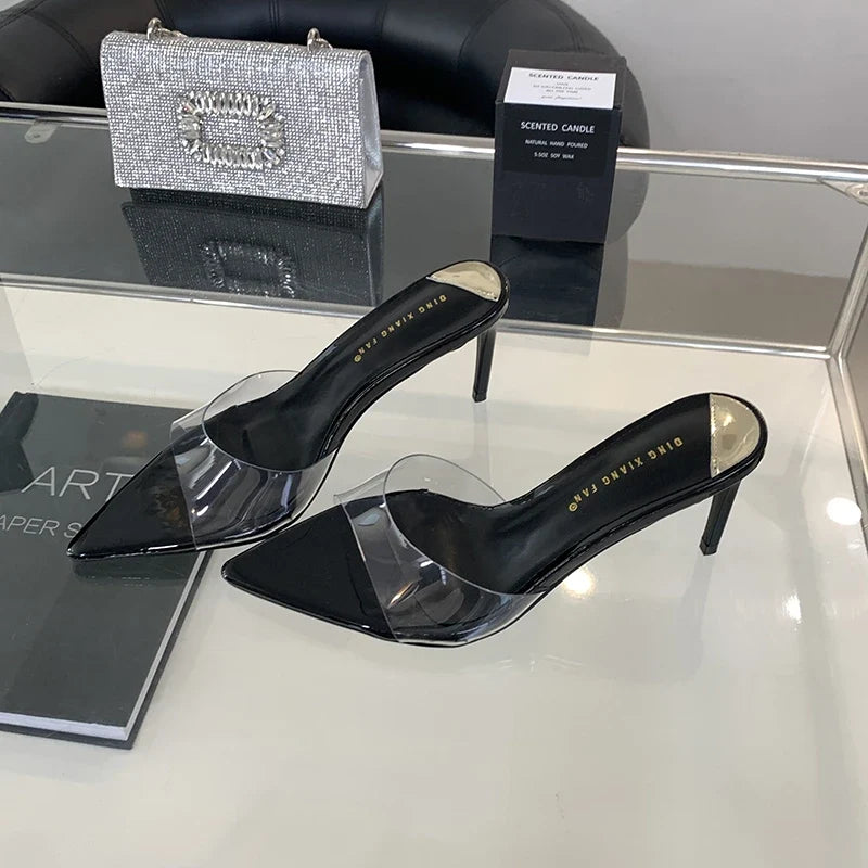 PVC Transparent Slipper Pointed Toe Slides Stripper Sandal Thin Mule Shoes Low Heel Pumps