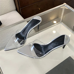 PVC Transparent Slipper Pointed Toe Slides Stripper Sandal Thin Mule Shoes Low Heel Pumps