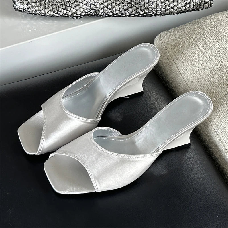 Silk Wedges High Open Toe Slippers Mule Beach Slides Shoes Low Heel Pumps