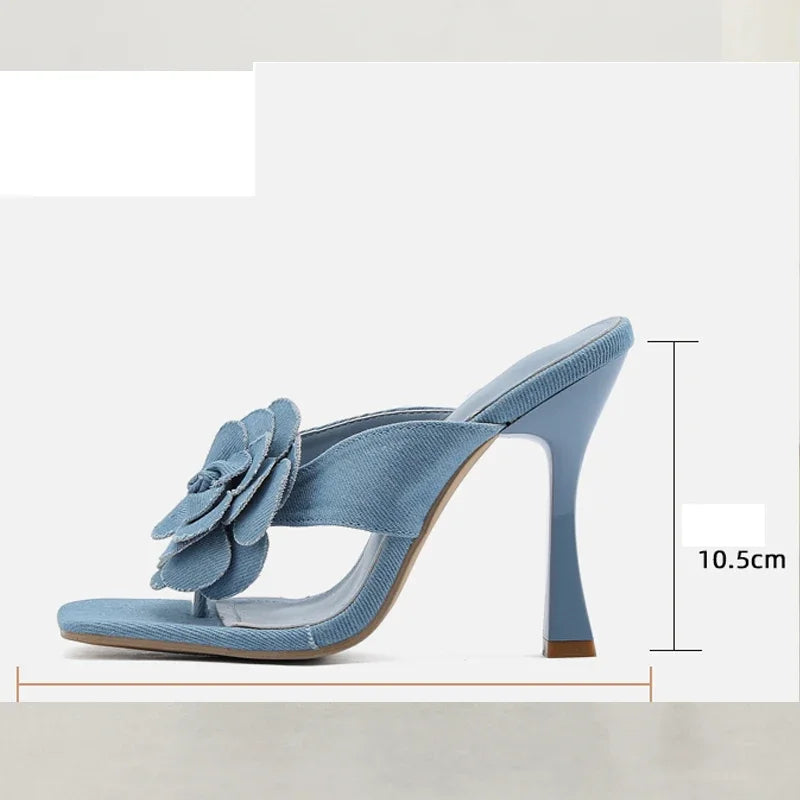 Street Style Denim Slippers Square Clip Toe Thin High Slides Flip Flops Shoes Low Heel Pumps