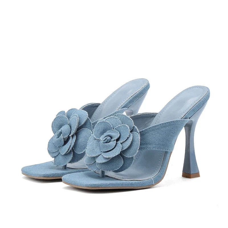 Street Style Denim Slippers Square Clip Toe Thin High Slides Flip Flops Shoes Low Heel Pumps