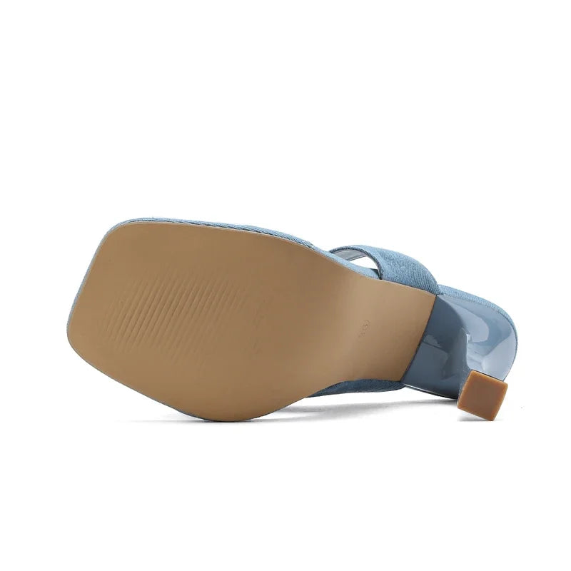 Street Style Denim Slippers Square Clip Toe Thin High Slides Flip Flops Shoes Low Heel Pumps