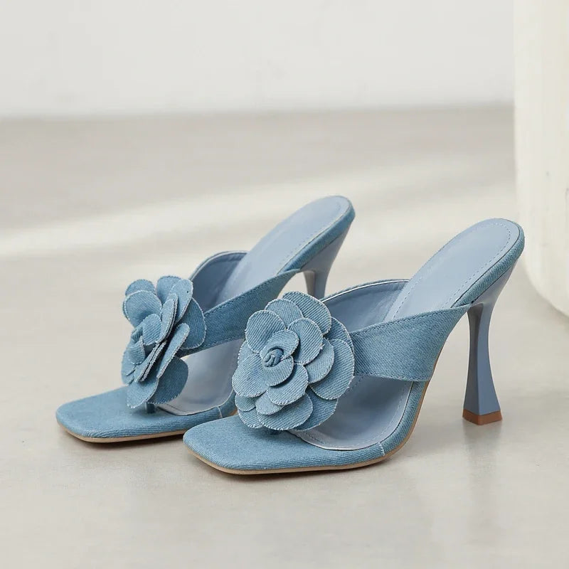 Street Style Denim Slippers Square Clip Toe Thin High Slides Flip Flops Shoes Low Heel Pumps