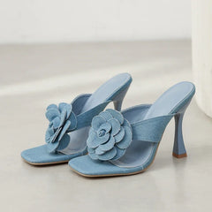 Street Style Denim Slippers Square Clip Toe Thin High Slides Flip Flops Shoes Low Heel Pumps