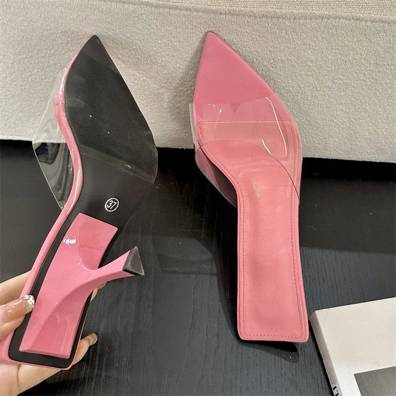 Street Style PVC Transparent Highs Pointed Toe Slippers Party Shoes Low Heel Pumps