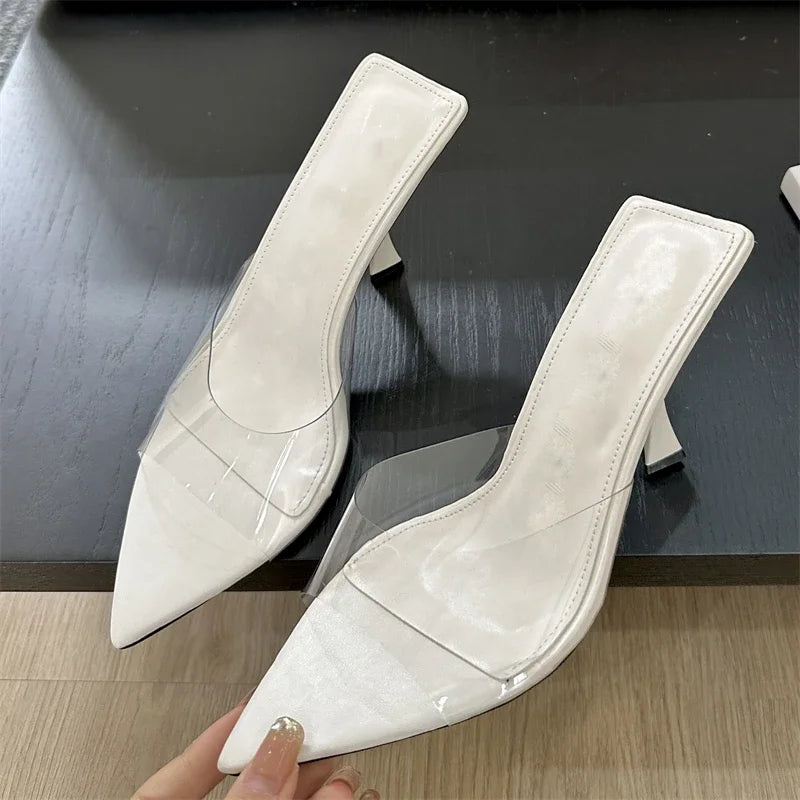 Street Style PVC Transparent Highs Pointed Toe Slippers Party Shoes Low Heel Pumps