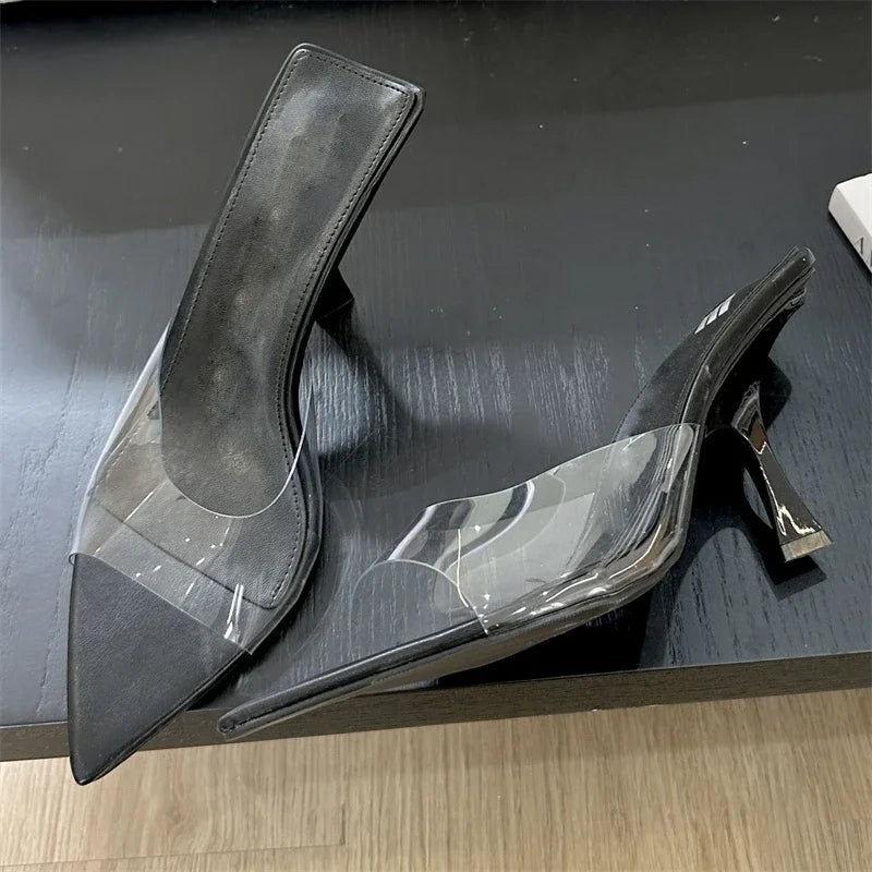 Street Style PVC Transparent Highs Pointed Toe Slippers Party Shoes Low Heel Pumps