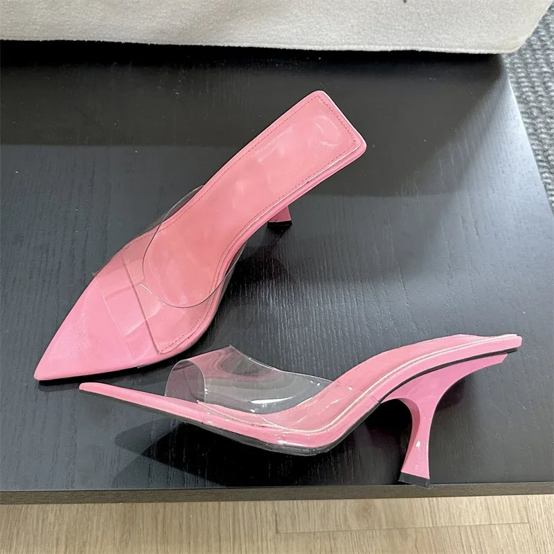 Street Style PVC Transparent Highs Pointed Toe Slippers Party Shoes Low Heel Pumps