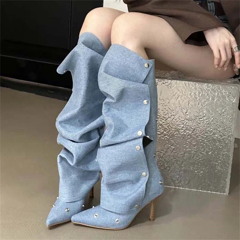 Pleated Button Strap Pointed Toe Thin Heels Stripper Knee High Boots