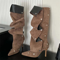 Pleated Button Strap Pointed Toe Thin Heels Stripper Knee High Boots