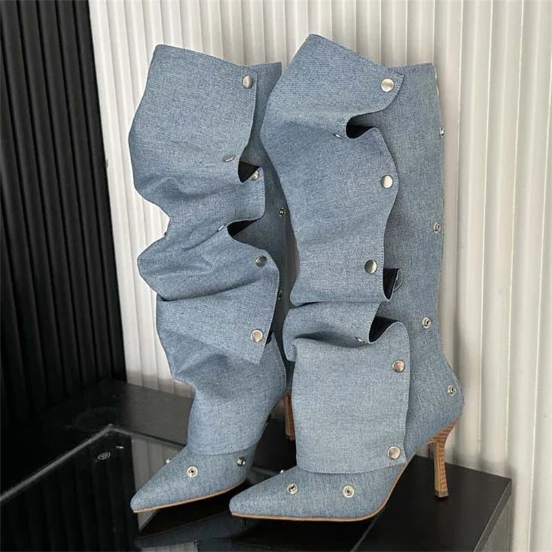 Pleated Button Strap Pointed Toe Thin Heels Stripper Knee High Boots