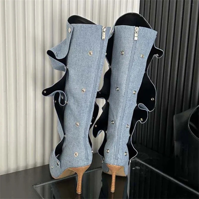 Pleated Button Strap Pointed Toe Thin Heels Stripper Knee High Boots