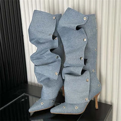 Pleated Button Strap Pointed Toe Thin Heels Stripper Knee High Boots