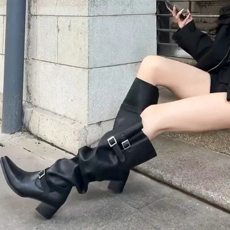 Punk Style Designer Square Heels Buckle Strap Shoes Knee High Boots