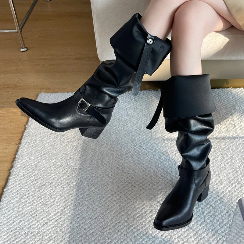 Punk Style Designer Square Heels Buckle Strap Shoes Knee High Boots