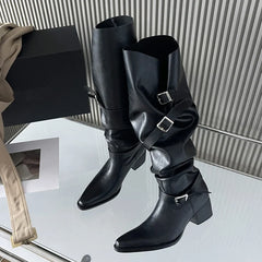 Punk Style Designer Square Heels Buckle Strap Shoes Knee High Boots