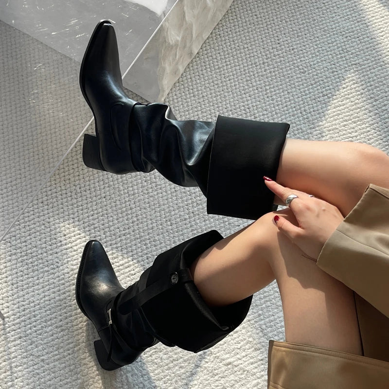 Punk Style Designer Square Heels Buckle Strap Shoes Knee High Boots